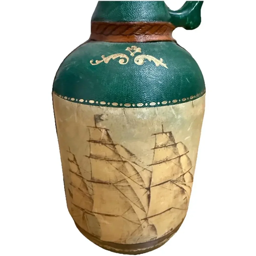 Vintage FAUSTO CORDURI Genuine Leather Decanter Jug Florence Italy Ship Motif